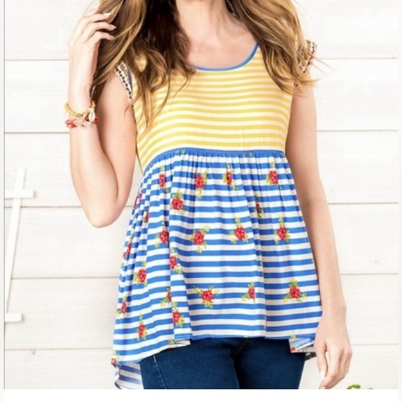 Matilda Jane Tops - Matilda Jane Yellow & Blue Striped Dress with Red Floral Accents Size M
